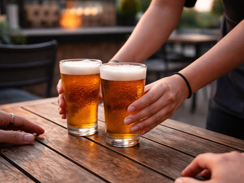 Server places craft beer pints on an outdoor patio bistro table, with taps blurred in the background.