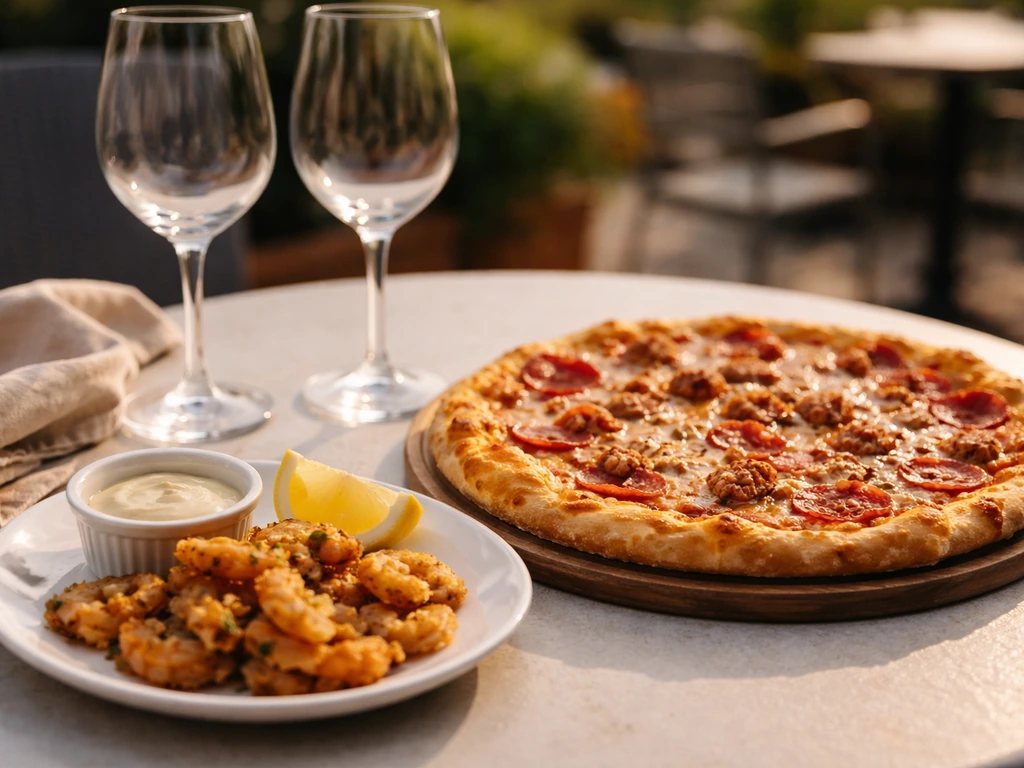 Close-up of pizza and a seafood dish on an outdoor patio table with lemon and wine glasses.