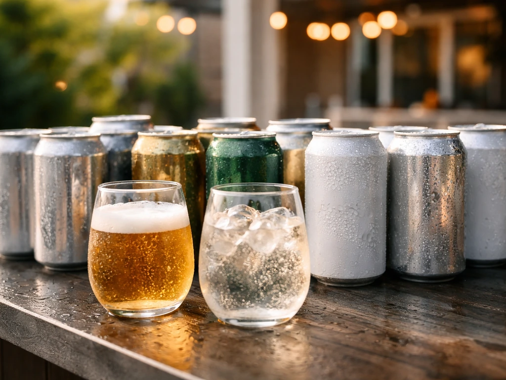 Close-up of a bar counter with beer and hard seltzer cans plus two glasses ready for patio service
