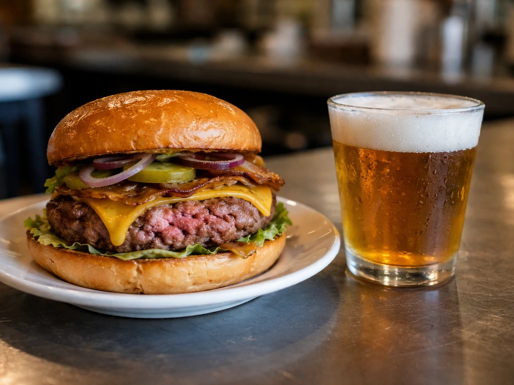 Burger on a plate next to a frosty draft beer glass on a restaurant counter, suggesting caution about doneness.
