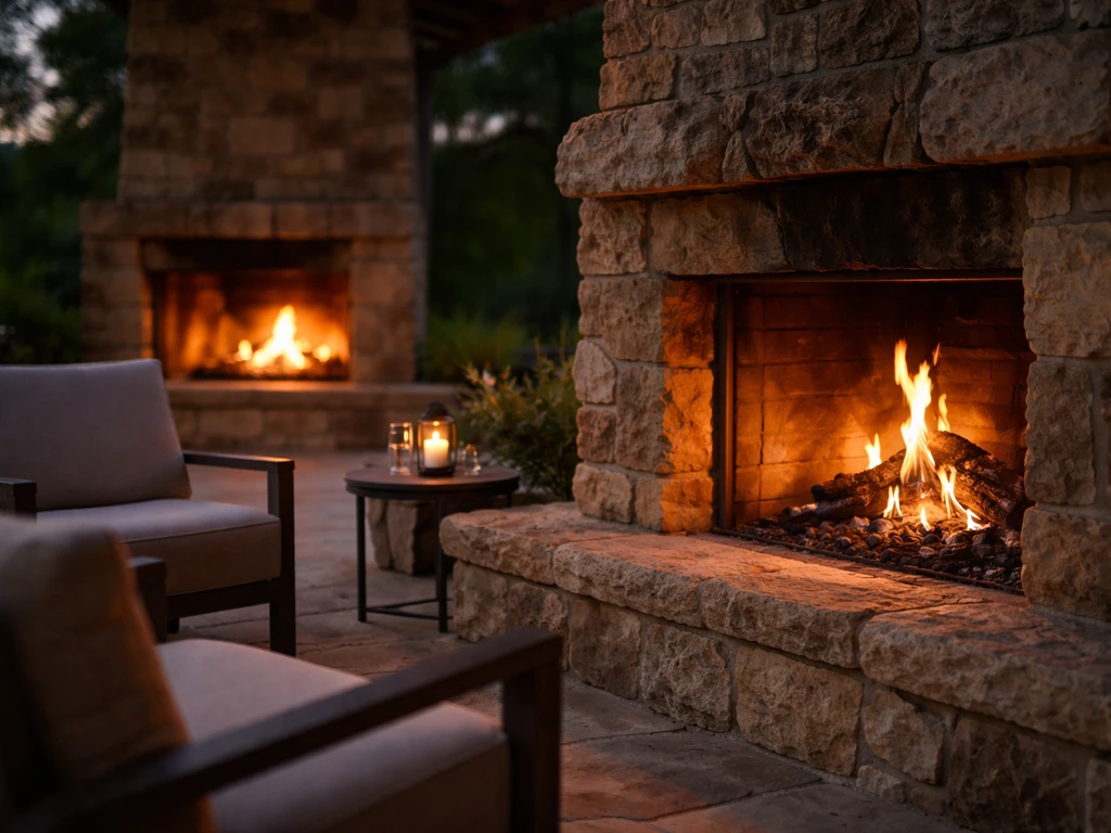 Warm stone patio with active fireplaces glowing beside simple outdoor seating.