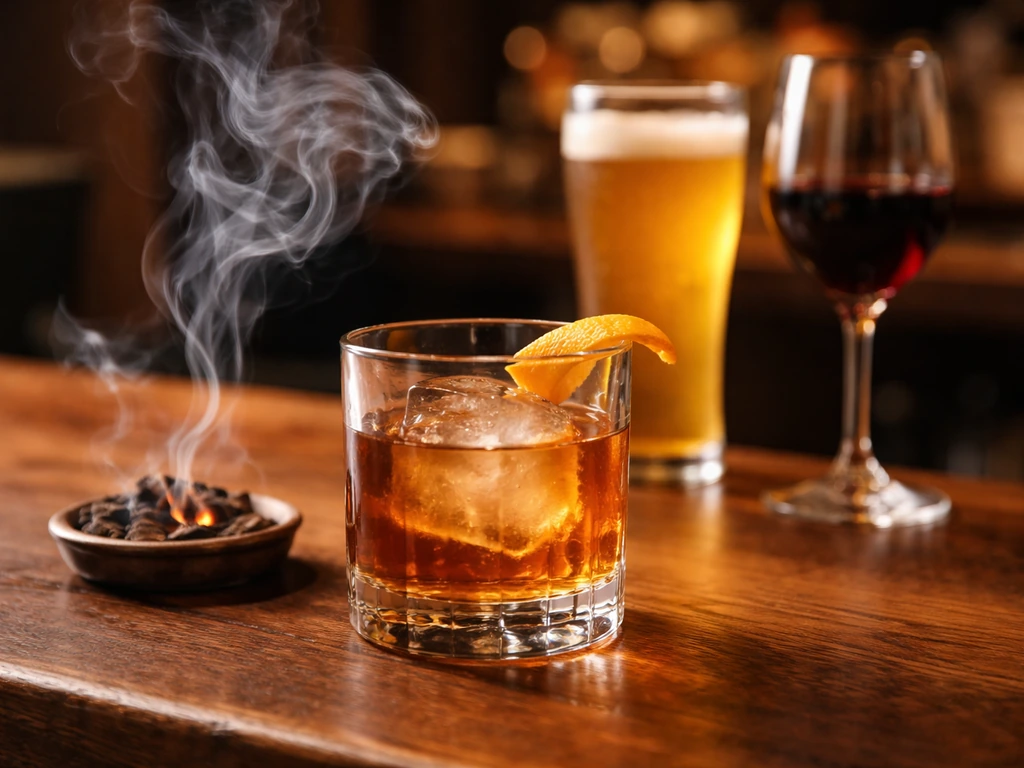 Smoked old fashioned-style cocktail in a rocks glass with visible smoke, beside simple beer and wine glassware.