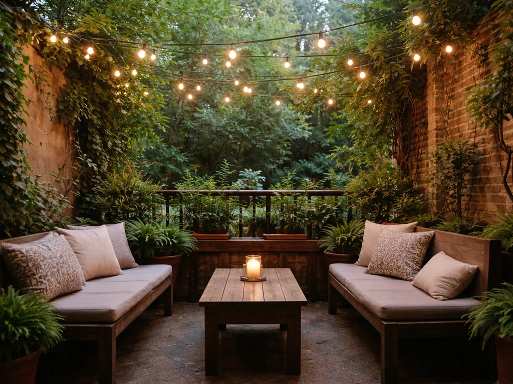Enclosed beer-garden patio with string lights, leafy greenery, and cozy seating in warm natural light