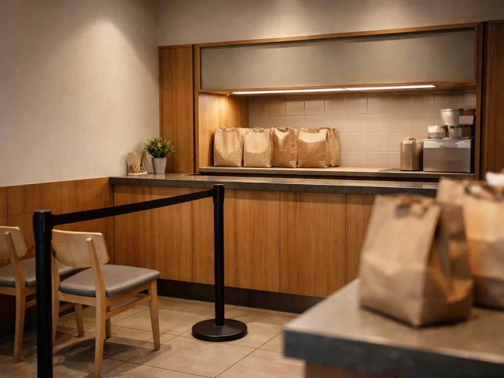 Empty restaurant pickup area with chairs and a counter setup suggesting wait times.