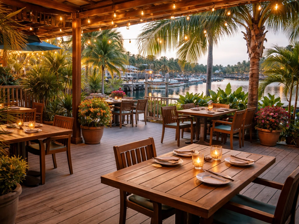Wide view of a cozy waterfront tavern patio with warm lights and tropical decor in Key West style.