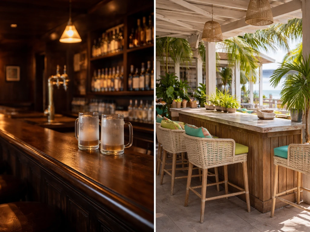 Split indoor tavern and tropical Key West patio bar décor with warm lighting on the left and sunny wicker on the right.