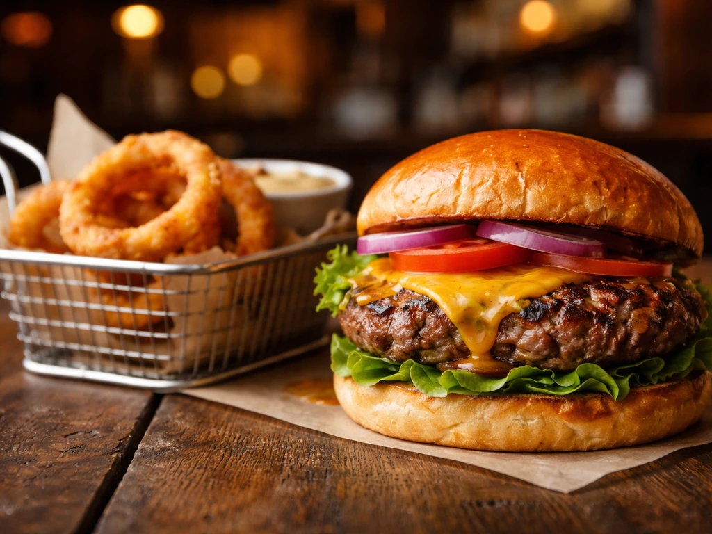 Close-up of a juicy burger and bar bite on a rustic pub table with grill char marks, beer-brown tones.