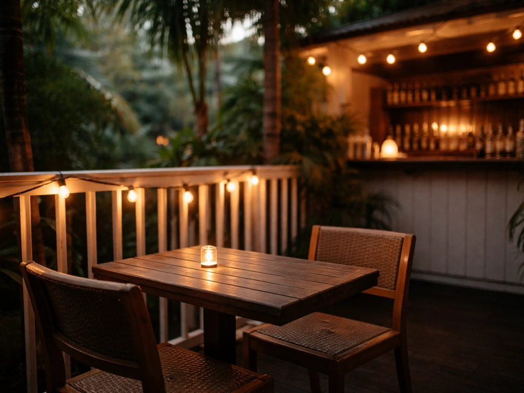 Minimal photo of a cozy Key West bar patio with warm lights and a few empty chairs, suggesting review themes.