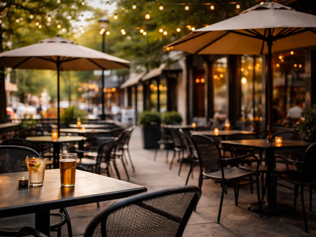 Wide outdoor patio seating on a Providence street with umbrellas and warm lights, street atmosphere in background.