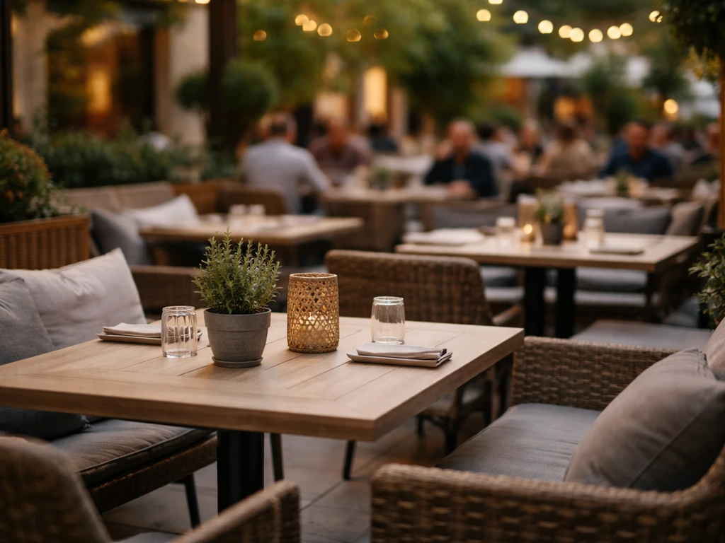 Close view of outdoor patio tables and chairs with warm lighting, showing a cozy seating area and possible busy vibe.