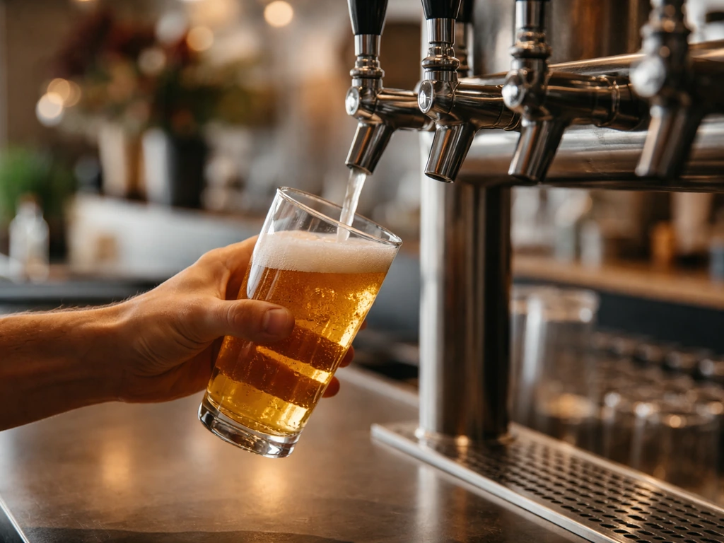Hand pours a fresh beer at a modern bar, with draft taps blurred in the background.