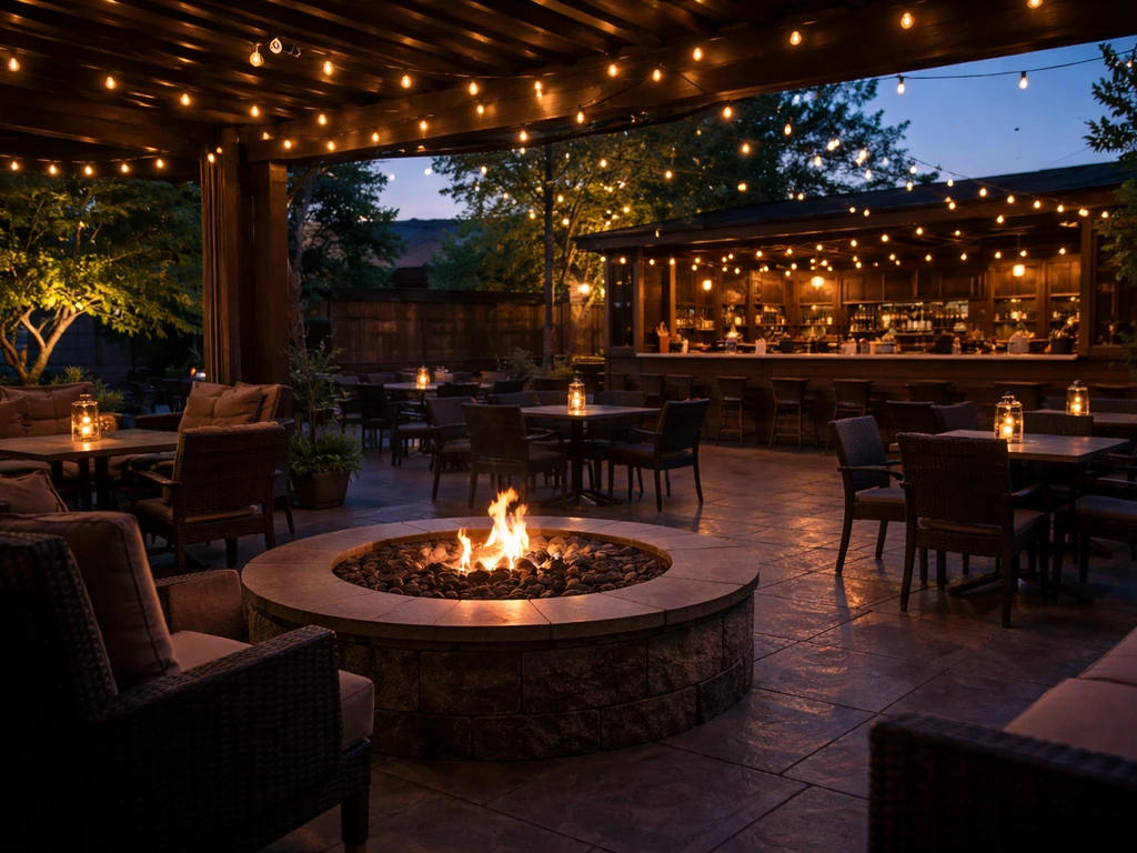 Covered heated patio at dusk with fire pit and outdoor bar setup, cozy steakhouse atmosphere.