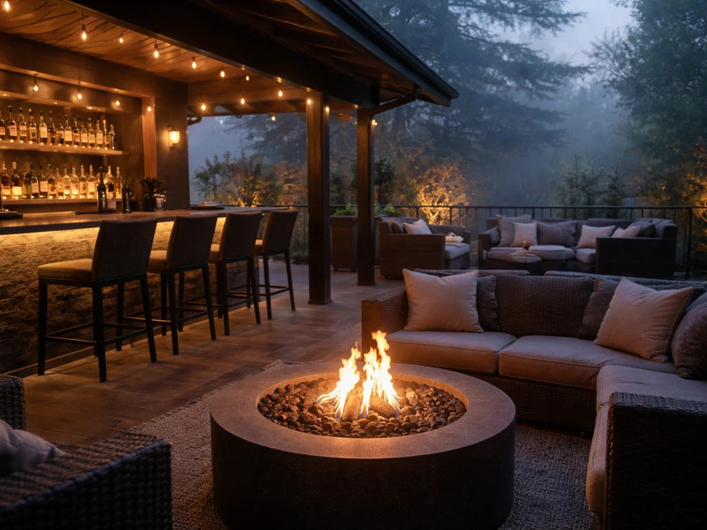 Cozy covered patio at dusk with a glowing fire pit, outdoor bar, and warm seating under soft mist.