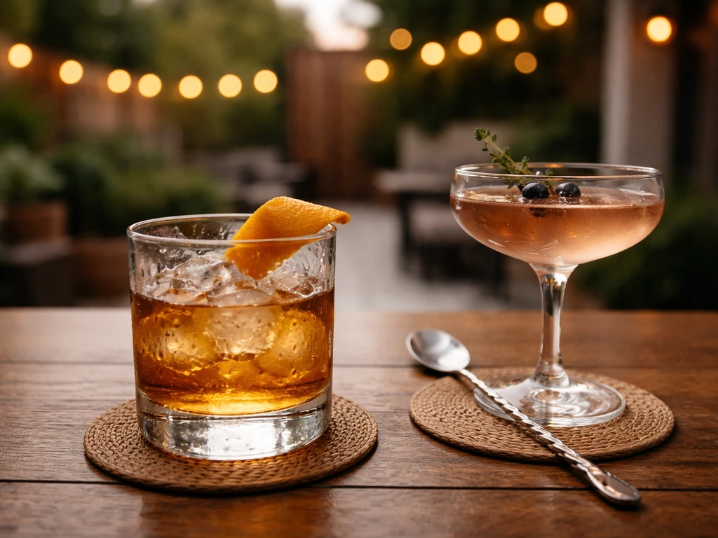 Craft cocktails with garnishes on a patio bar table, ice-cold glassware in natural light.