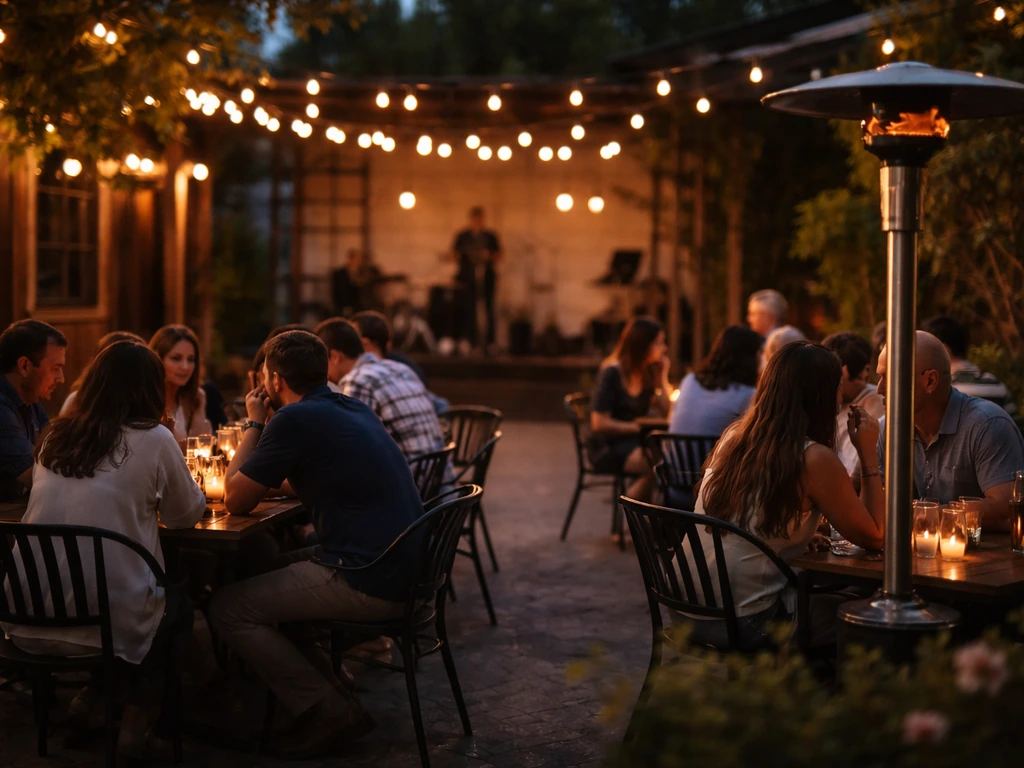 Diners on a cozy patio at dusk near a heater during a moderate-loud live music night.