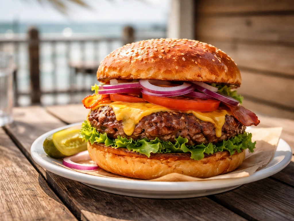 Close-up of a cheeseburger on a pier patio table with natural light and minimal background.