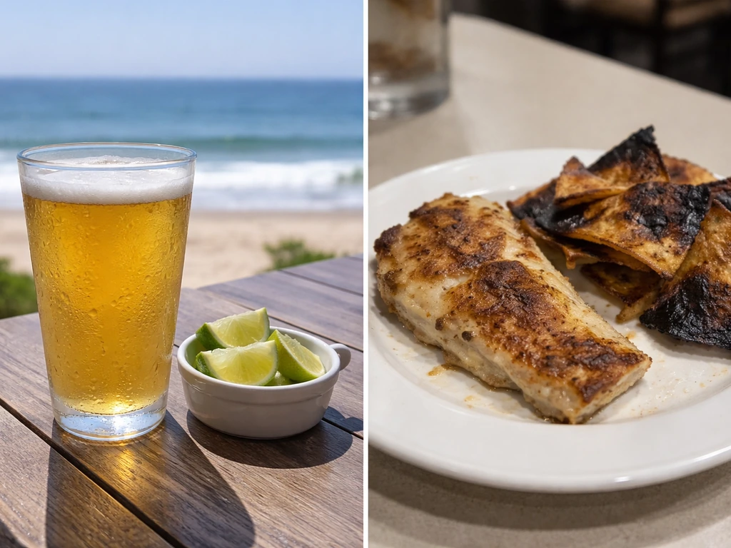 Split photo: left shows cold beer and ocean views; right shows burnt nachos and overcooked fish.