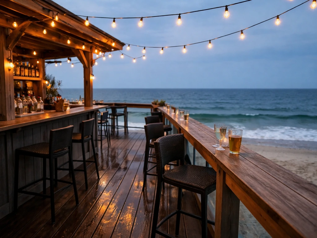 Oceanfront pier patio pub deck with warm lights, patio seating, and a view of the Maine shoreline.