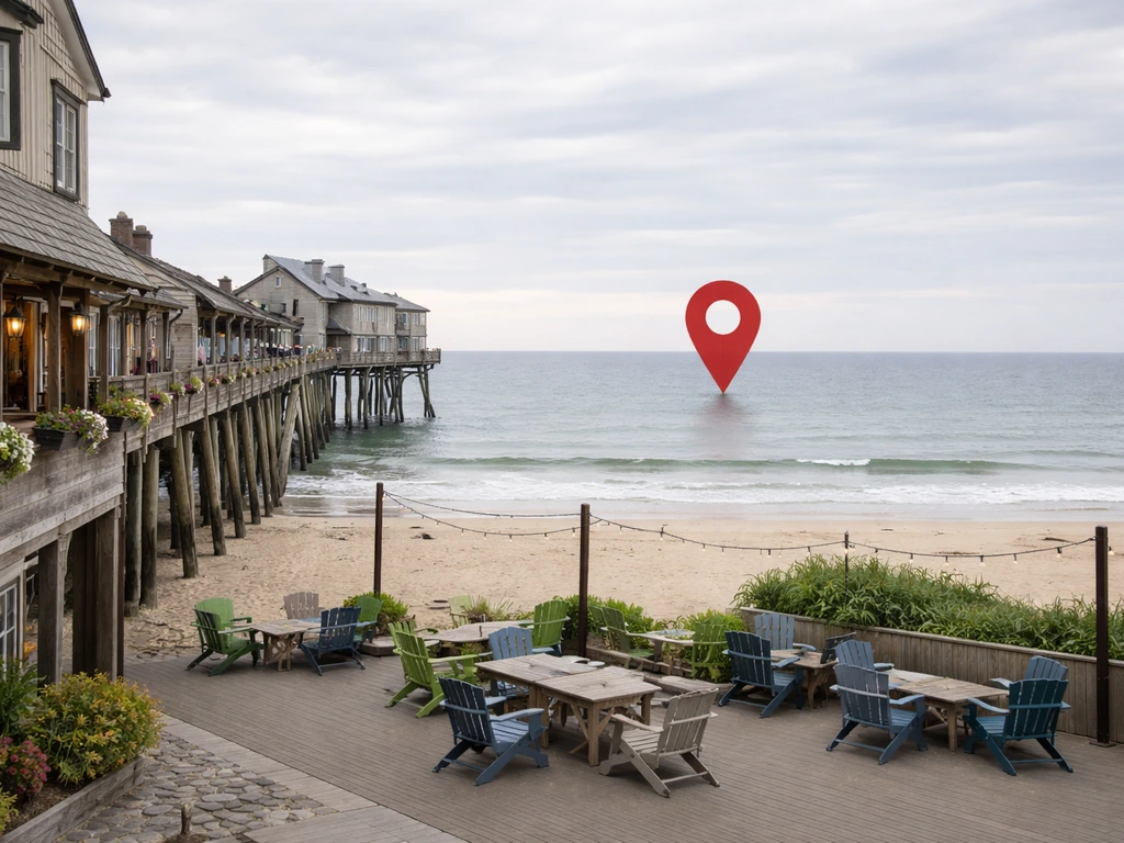 Location-pin cue over Old Orchard Beach shoreline beside a pier patio.