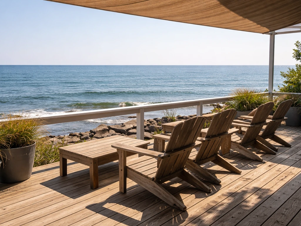 Empty south-side patio deck seating facing the Atlantic Ocean with clear ocean view and sun/shade cues.