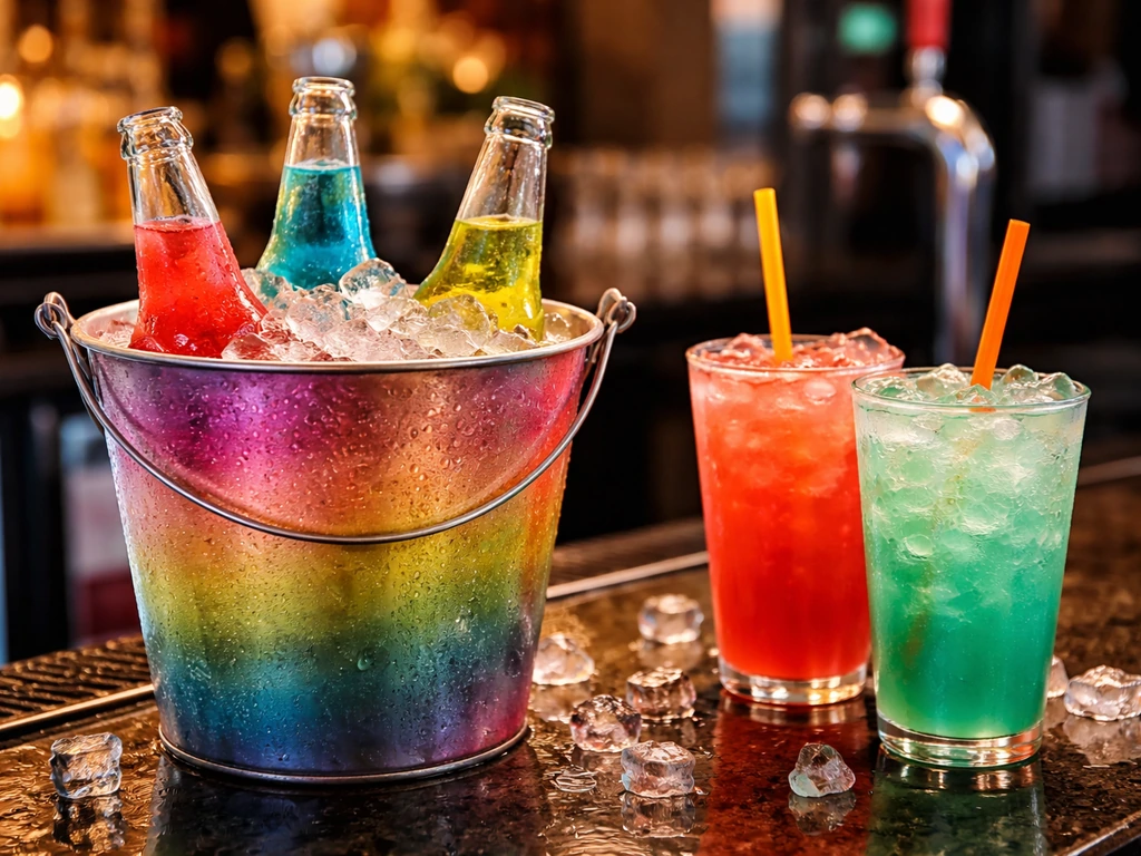 Colorful cocktail bucket with ice on a bar counter, beer glasses and taps blurred in the background.
