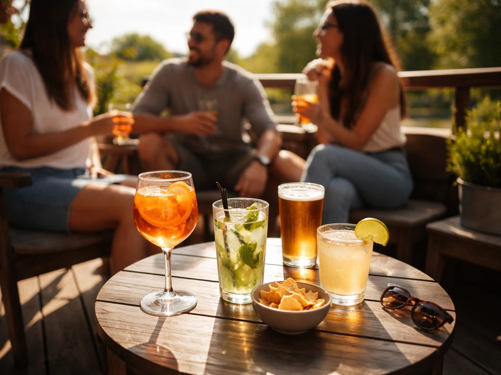Sunlit patio deck with small groups of friends relaxing and sharing drinks in a casual afternoon hangout