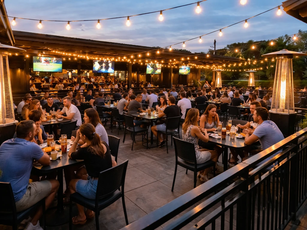 High-angle view of a rooftop pub patio with tables and TVs playing sports in the background.