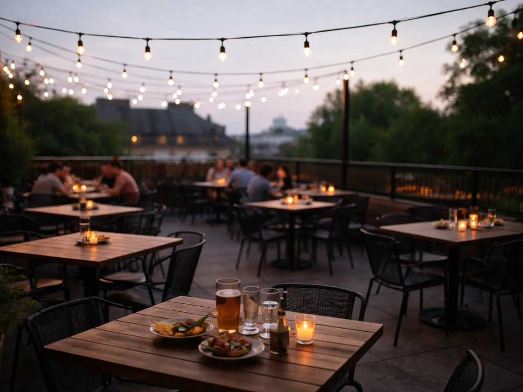 Guest’s view of a rooftop patio with arranged tables and chairs, moderately busy on an evening.