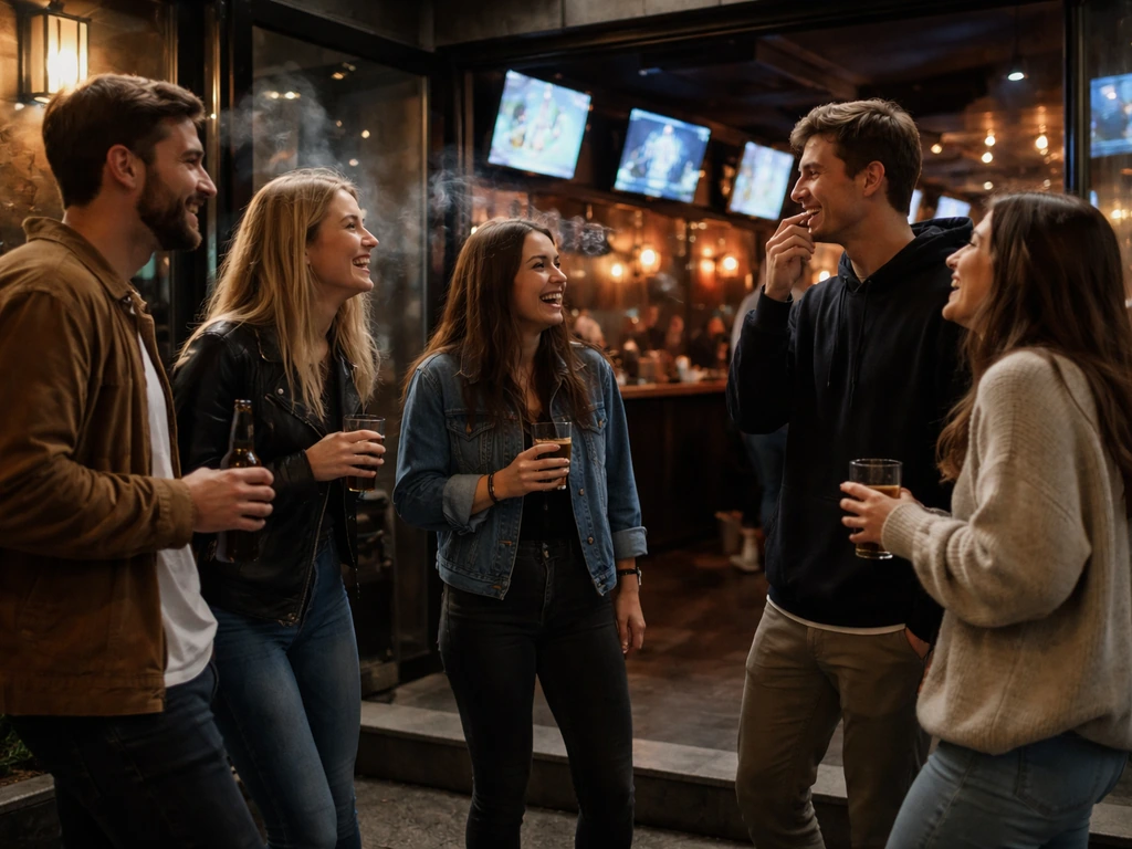 Young weekend crowd outside a bar near a smoking area, with TVs visible inside through open doors.