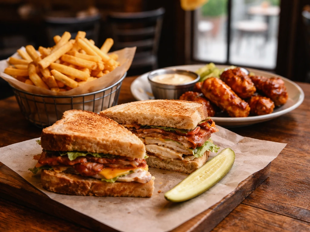 Close-up of pub wings, fries, and a hearty sandwich on a wooden table in a cozy bar setting.