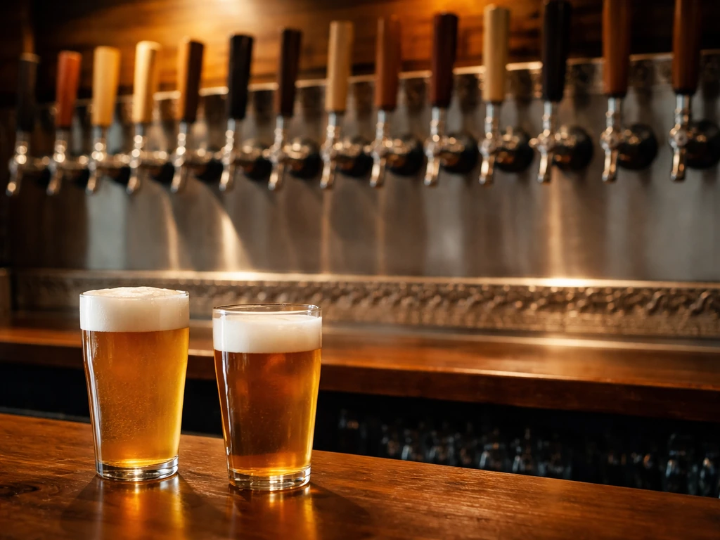 Foreground glasses with fresh draft beer beside a tap wall in a cozy bar