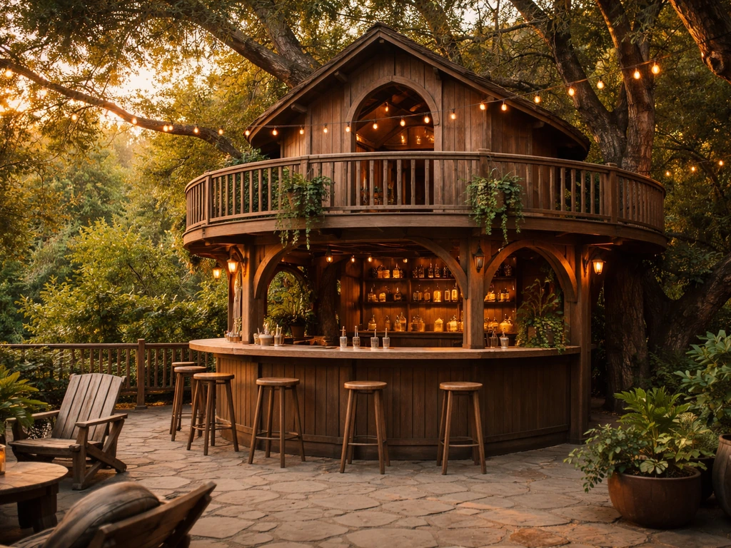 Whimsical treehouse-inspired patio bar exterior with bar seating and warm string lights
