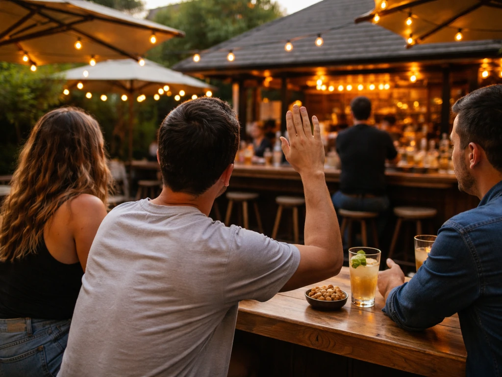 Patio bar scene with customers signaling for service as staff seems busy, highlighting slow wait time.