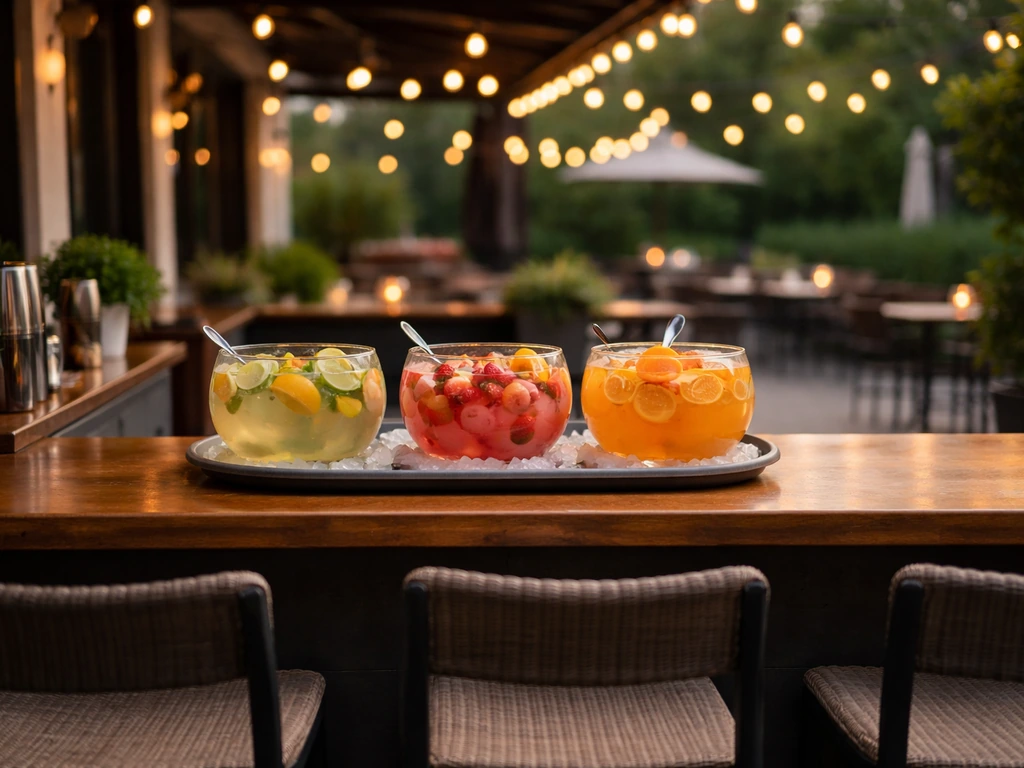 Empty early-evening patio bar with cocktails, warm lights, and relaxed seating