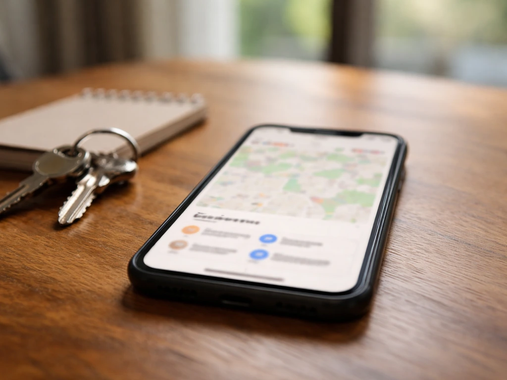 Phone on a table with blurred map and filter-style UI, with keys and a notebook nearby.