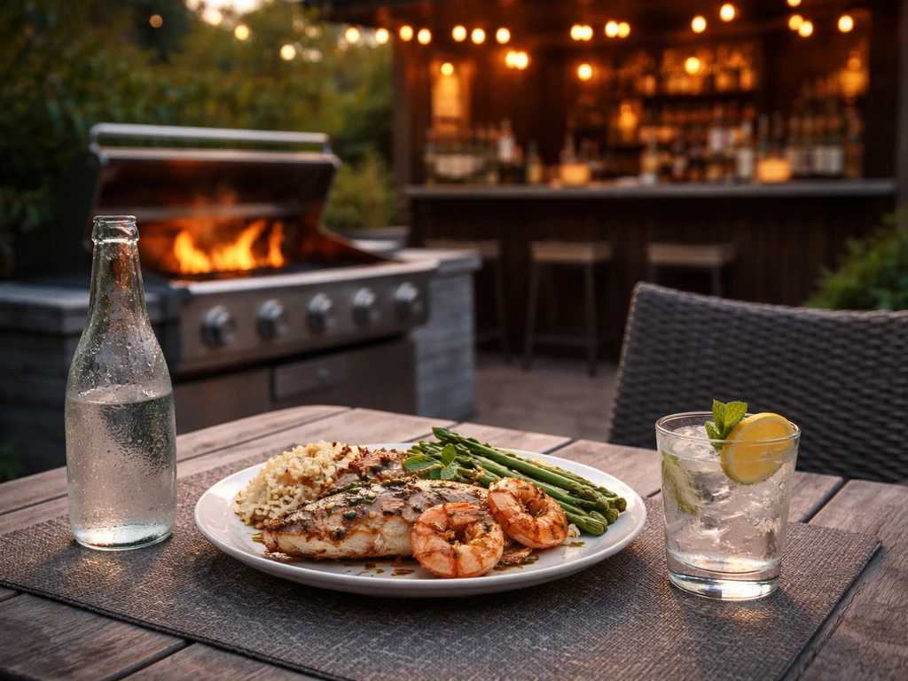 Outdoor seafood bar-and-grill patio with grill flames, fresh seafood platter, and a relaxed dining atmosphere.