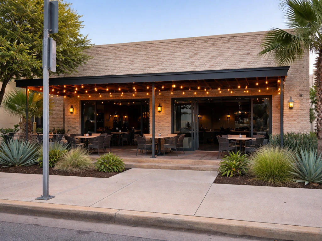 Street-level exterior of a patio bar-and-grill with lights and outdoor seating, designed for clear location context.