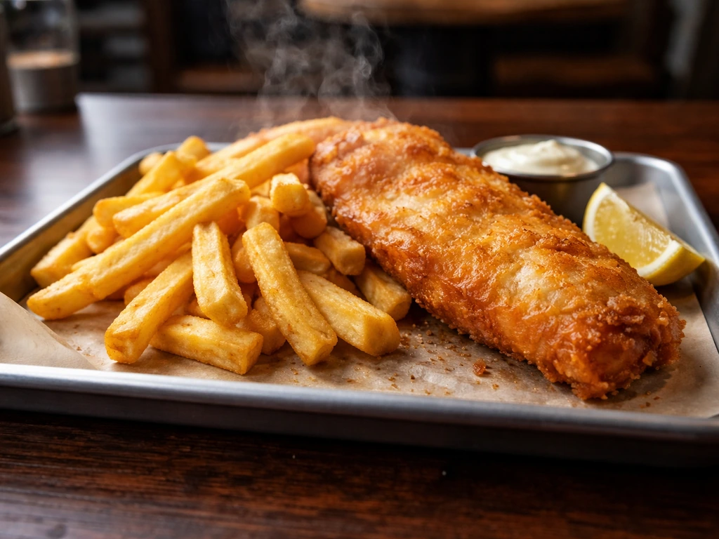 Close-up of a plated fish and chips with golden battered fish and fresh fries on a simple tray