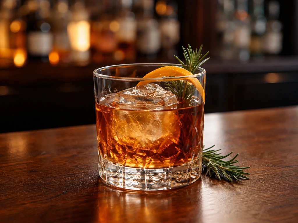 An amber rocks cocktail with large ice cube and orange peel on a bar counter, warm blurred background.