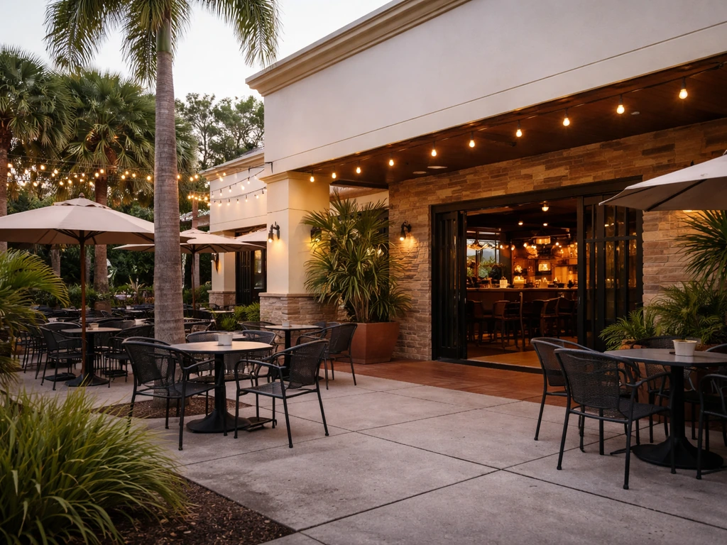 Exterior of a Florida patio bar restaurant with outdoor seating and string lights in warm light.