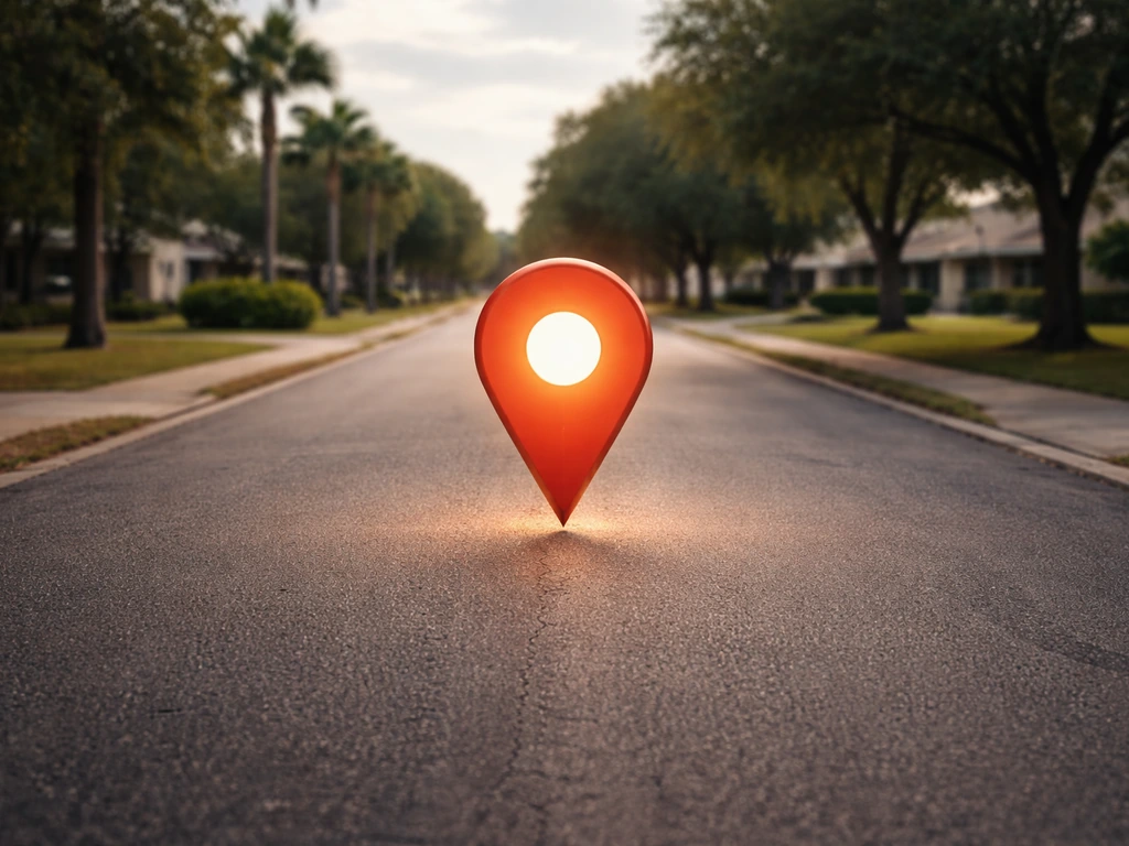 Street-level view with a prominent GPS-style location pin at an address in Valrico, Florida
