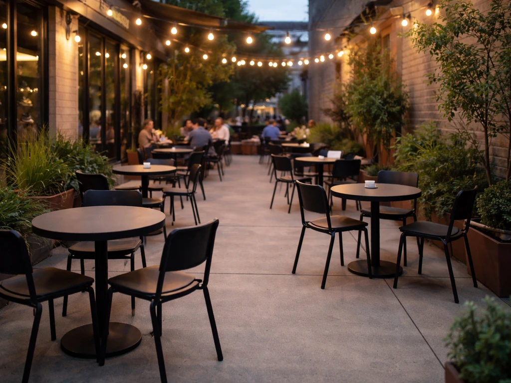 Warmly lit outdoor patio dining area with cozy seating and string lights, calm but lively ambiance.