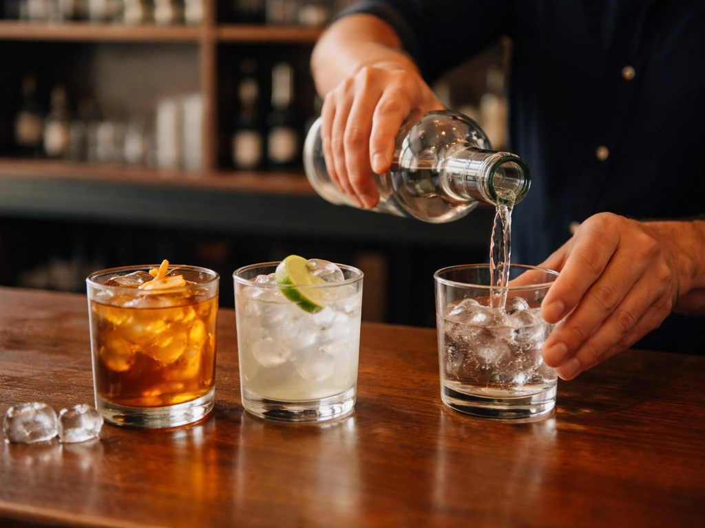 Bartender pours a drink at a simple bar counter with two mixed drinks nearby and ice visible.