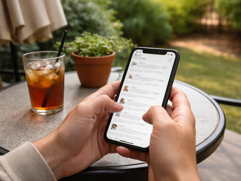 Hands skimming a blurred reviews list on a phone at an outdoor patio table with iced tea and plants.