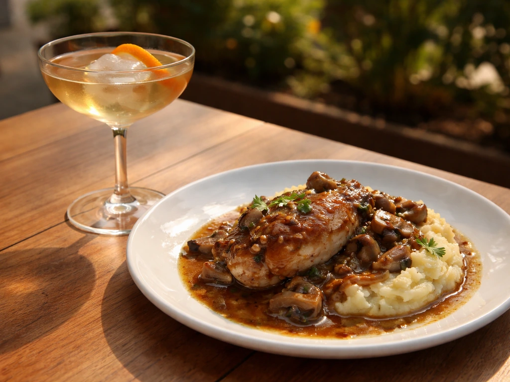 Closeup of a plated comfort-style entrée and a signature cocktail on a patio table