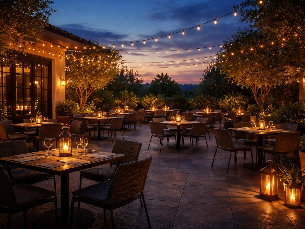 Empty restaurant patio with warm string lights as daylight fades into evening.