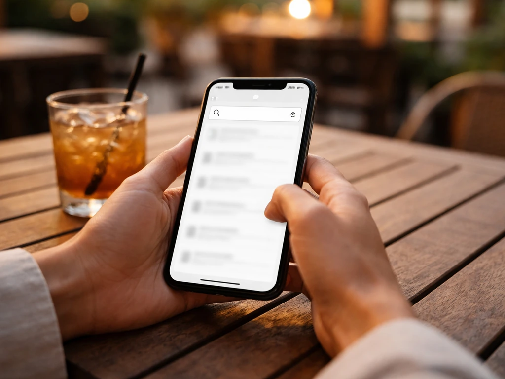 Hands using a smartphone on a patio table with a blurred search results screen to find the right address listing.