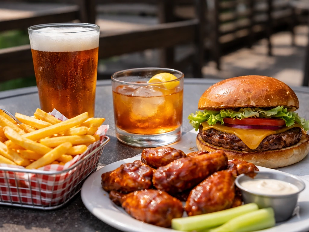 Close-up of pub-grub and bar drinks on a patio table: burgers, fries, wings, beer and a cocktail