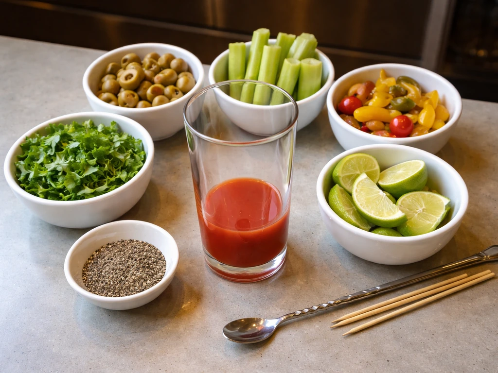 Top-down view of a Bloody Mary setup with garnish ingredients and a custom drink base
