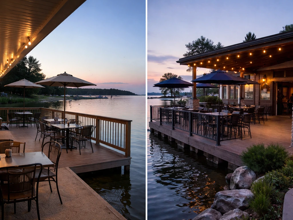 Two side-by-side waterfront patio bars with covered seating and calm harbor views at dusk
